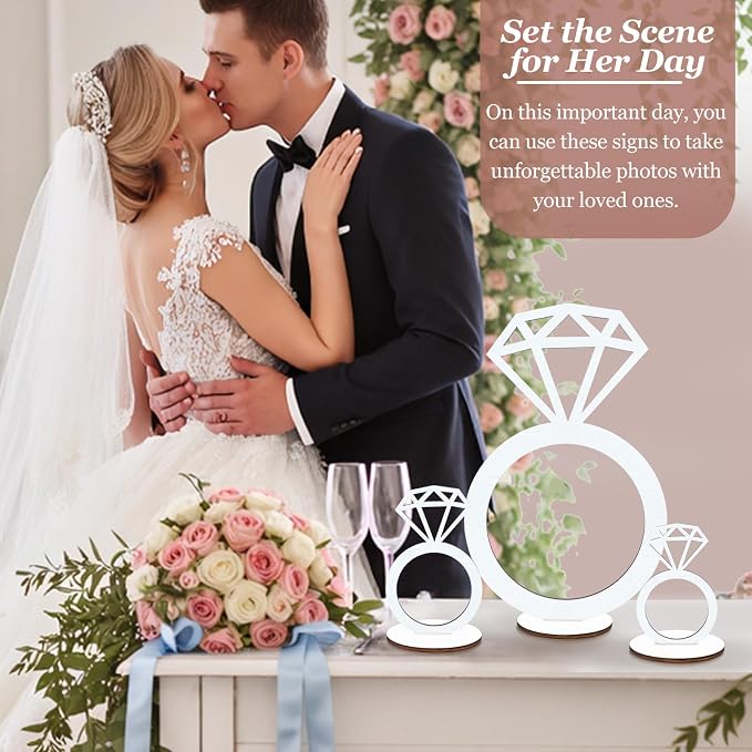 3 PCS Bridal Shower Centerpieces for Tables Diamond Ring Sign Table Centerpieces White Wooden Diamond Ring Sign Decorations for Wedding Anniversary Supplies Batcholette Party Engagement Party