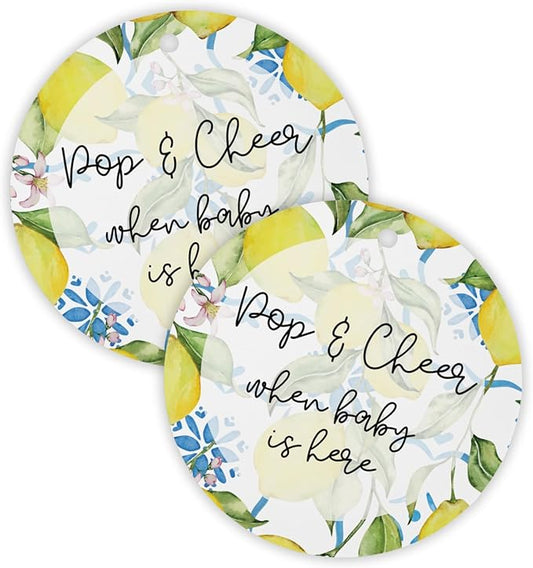 Pop and Cheer When Baby is Here Lemon Hang Tag | 30pk 2.5” Circle Fruit Flora Leaves Greenery GirlHere Cards Stickers Modern Minimalist Champagne Tags String