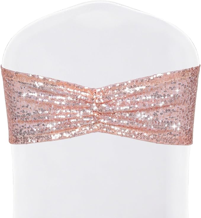 SquarePie Pack of 10 Sequin Chair Sashes Bands Shining Rose Gold Bows for Wedding Banquet Party Decor