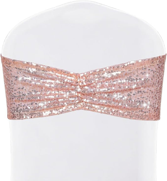 SquarePie Pack of 10 Sequin Chair Sashes Bands Shining Rose Gold Bows for Wedding Banquet Party Decor