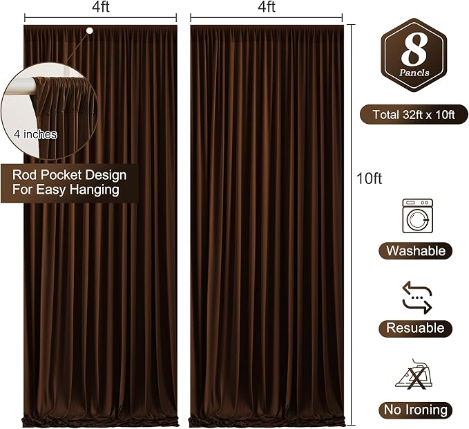 Dark Brown Backdrop Curtains-Wrinkle-Free Polyester Photography Drapes Party Curtain Background for Baby Shower Wedding Decorations- 32 X10FT