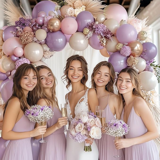Purple Pink Beige Balloons Arch Kit, Double Stuffed Purple and Pink Balloon Garland with White Sand Lavender Rose Metallic Gold Balloons for Weddings Birthdays Party Decoration