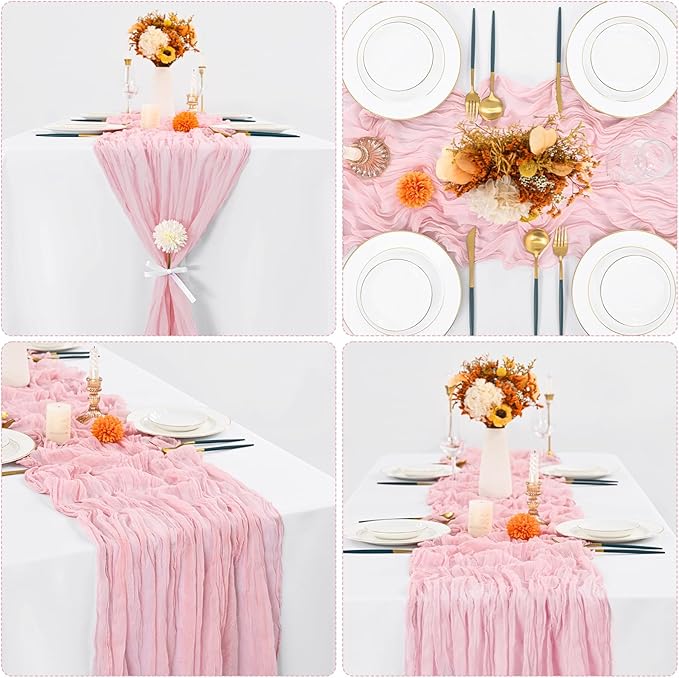 6 Pcs Light Pink Cheesecloth Table Runner 10FT, Gauze Table Runner for Wedding Reception Sheer Bridal Shower Birthday Party Boho Table Decoration, Rustic Romantic Wedding Runner