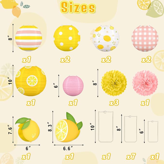 Renbuzhu 15PCS Summer Lemon Party Decorations Paper Lanterns Pom Poms Hanging Swirls Pink and Yellow Theme Lemonade Stand Italian Decor for Birthday Home Backyard Indoor Outdoor