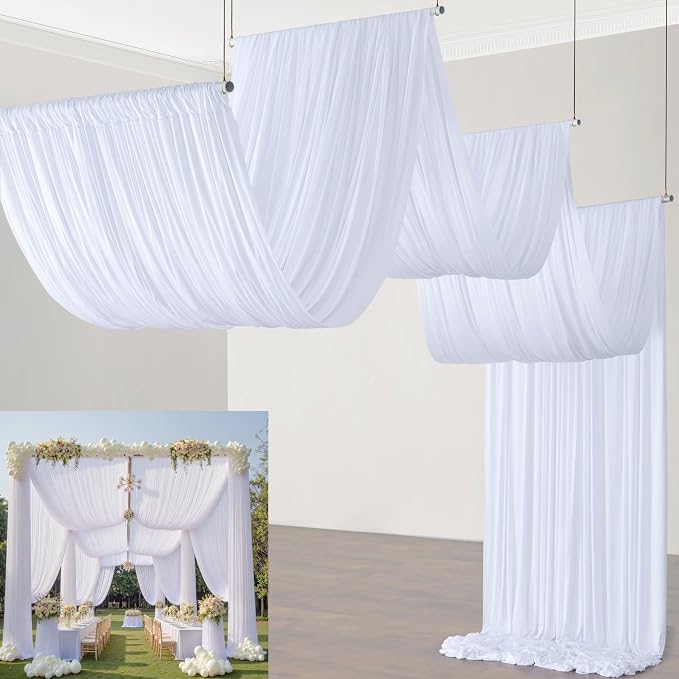 4Panels White Wedding Drapes, 5ftx40ft Wrinkle Free Tent Draping Curtains, Fabric Canopy Ceiling Drapes for Ceremony Birthday Theme Parties with Rod Pocket