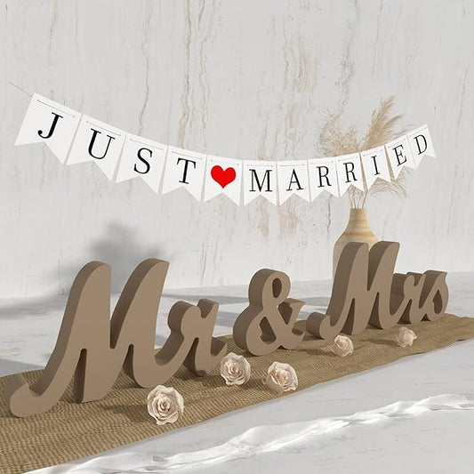 VIOPVERY Mr and Mrs Sign & Just Married Banner,Mr & Mrs Signs for Wedding Table,Large Wooden Letters for Sweetheart Table,Photo Props Wedding decorations for Anniversary,Wood Color