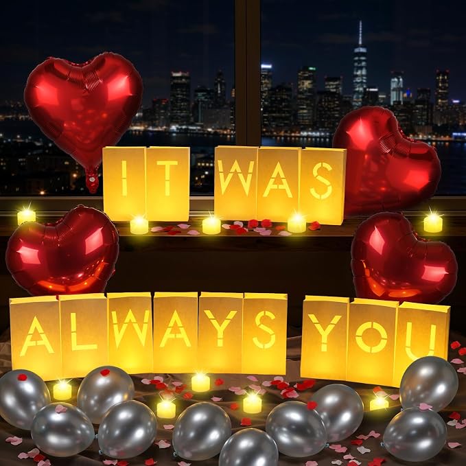 Lewondr IT WAS ALWAYS YOU Light Up Letters with 30pcs 6H Tea Lights Candles & Balloon & 2000 Rose Petals, Luminary Bags Engagement Party Decorations & Anniversary Decorations Ideal Gift for Men&Women