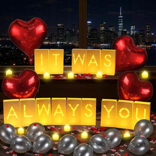 Lewondr IT WAS ALWAYS YOU Light Up Letters with 30pcs 6H Tea Lights Candles & Balloon & 2000 Rose Petals, Luminary Bags Engagement Party Decorations & Anniversary Decorations Ideal Gift for Men&Women