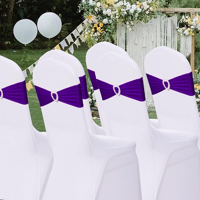 Howhic Pack of 120 Spandex Chair Sashes Bows Stretch Chair Cover Band with Buckle Slider Universal Elastic Chair Ties for Wedding Banquet Party Event Decoration (Purple)