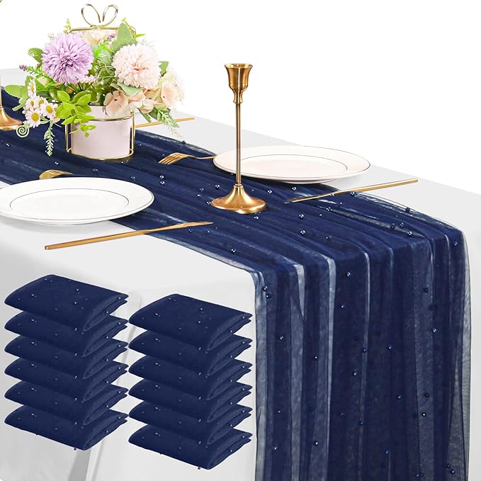 12 Pack 10FT Pearl Table Runner 30x120 Inch Navy Blue Tulle Fabric Boho Rustic Sheer Table Runners Lace Table Cloth for Wedding Bridal Shower Birthday Party Arch Veil Dessert Table Decor (Navy Blue)