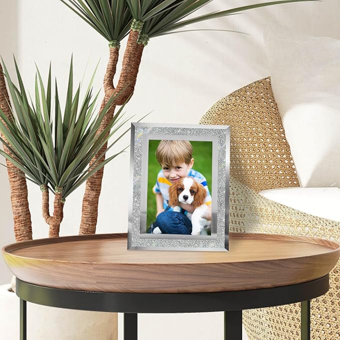 HIKWADERY 4x6 Picture Frames Silver - Set of 4, Sparkle Real Glass 4 by 6 Photo Frame Mirrored Edge Great Gift, for Tabletop Display, Wedding Birthday Mothers Day Gifts (4 x 6, Glitter Silver)
