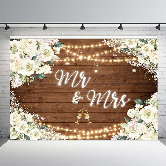 MEHOFOND 8x6ft White Floral Mr & Mrs Engagement Decorations Backdrop Couples Wedding Wooden Background Bride and Groom Engaged Ceremony Anniversary Bridal Shower Party Supplies Photobooth Props