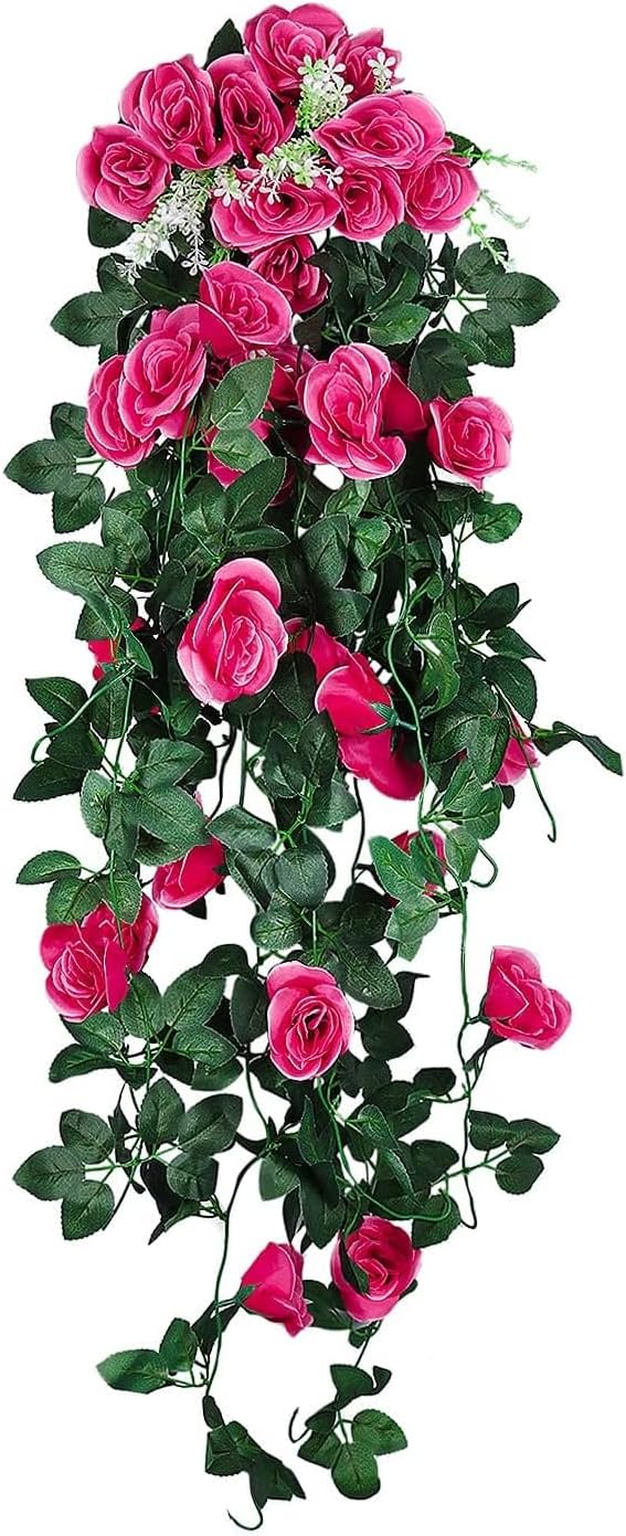 RECUTMS 2PCS Artificial Hanging Flowers 3.3Ft Fake Flower Plants for Home Room Garden Wedding Indoor Outdoor Decoration (Rose Red)
