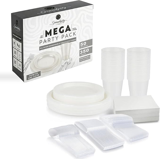 350 Piece Frost & Clear Disposable Dinnerware Set 50 Guests, Plastic Party Plates And Cups And Napkins Sets - 50 Count 9" Dinner Plates, 7" Dessert Plates, 12oz Cups, Paper Napkins,Forks-Knives-Spoons