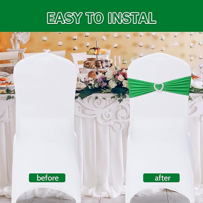 Howhic Pack of 30 Spandex Chair Sashes Bows Stretch Chair Cover Band with Buckle Slider Universal Elastic Chair Ties for Wedding Banquet Party Event Decoration (Emerald)