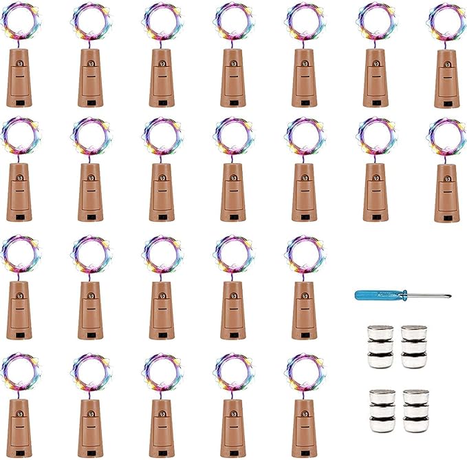 YJFWAL Wine Bottle Lights with Cork, Cork Shape Silver Copper Wire Fairy Mini String Lights, 24 Pack 20LED Battery Operated for Jar DIY, Party, Wedding, Christmas, Halloween, Bar Decor (Multicolor)