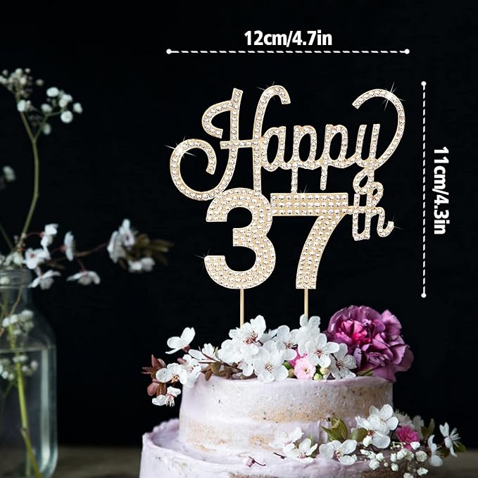 LINGTEER Happy 37th Birthday Gold Rhinestone Cake Topper - Cheers to 37th Birthday 37 Years Old Anniversary Party Cake Centerpieces Topper Decorations Gift Sign.