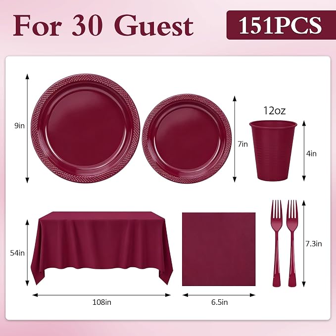 Burgundy Plastic Plates for Party,Disposable Burgundy Party Supplies,30 of Each 9" Dinner,7" Dessert Plate,Napkins,Cups,Forks and 1 Tablecloth Dinnerware for Birthday Wedding Elegant Parties