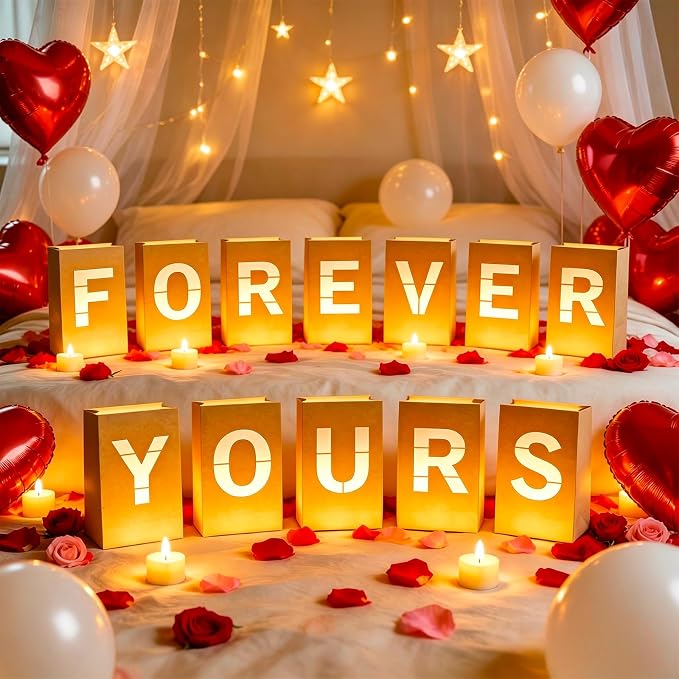 FOREVER YOURS Light Up Letters, with Tea Lights Candles, Rose Petals, Pearlescent Foil Balloons - Luminary Paper Bags, Anniversary Decorations and Valentines' Day Decorations for Your Loved One