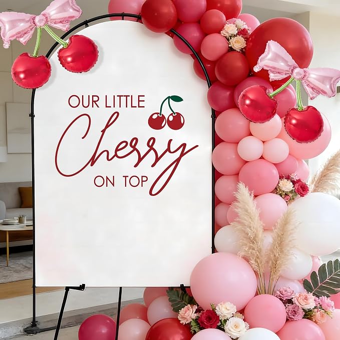 Cherry On Top Baby Shower Decorations - Our Little Cherry On Top Sign Decal for Backdrop Balloons Arch, Red Fruit Birthday Decorations for Girl, One Year Old Wall Decor, 1st Party Banner Supplies