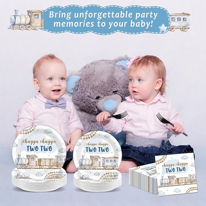 96Pcs Chugga Chugga Two Two Birthday Party Supplies Watercolor Train 2nd Year Old Paper Plates and Napkins Choo Choo I'm 2 Tableware Disposable Dessert Dinnerware Set for Birthday Decor for 24 Guests