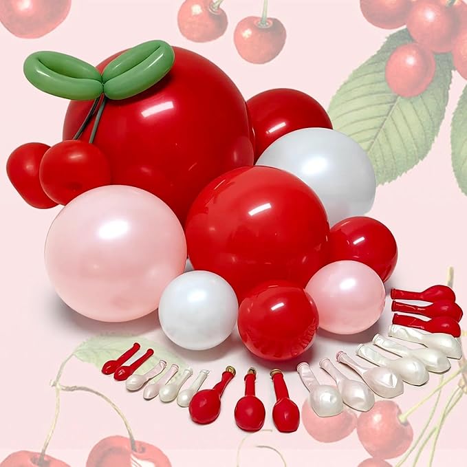 Red Pink Balloon Arch Double Stuffed Latex Pink White Pearl Balloons Red Green Long Balloon Garland for Cheery On Top Baby Shower Birthday Christmas Bridal Shower Garden Berry Party Decoration