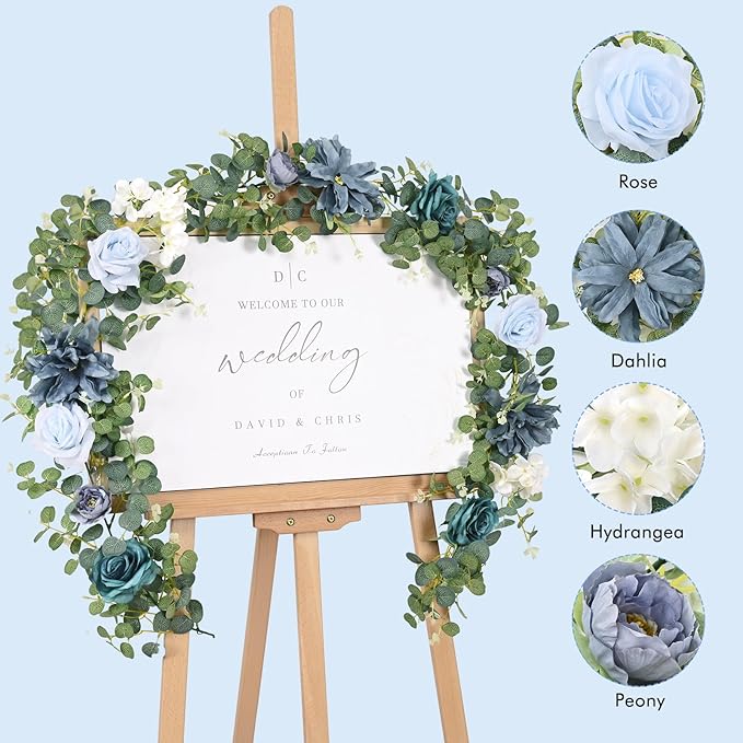 Waipfaru 8.85Ft Flower Garland, Eucalyptus Greenery Garland with Flowers, Rose Floral Vines for Wedding Table Runner Spring Summer Backdrop Decor (Dusty Blue)