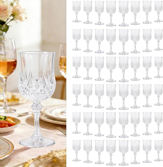 Teruntrue 48 Pcs Clear Plastic Wine Glasses Vintage Wine Glass for Parties Crystal Plastic Goblets Drinking Glasses Reusable Drinkware for Wedding, Valentine’s Day, Parties, Grand Event