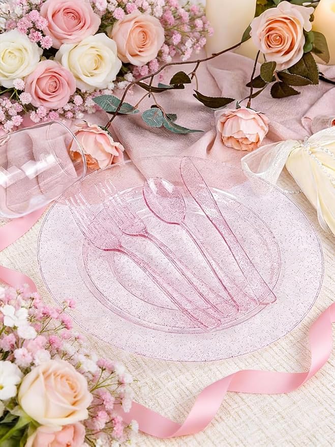 WDF 200PCS Pink Plastic Plates - Rose Gold Glitter Plastic Plates - Heavy Duty Pink Glitter Disposable Plates for Wedding Baby Shower Spring Birthday Mother's Day