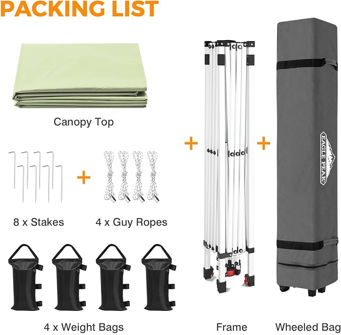 EAGLE PEAK Pop Up Canopy Tent with Wheeled Carry Bag, 8 Stakes, 4 Ropes, 4 Weight Bags, Easy Set Up Tent Canopy, 10x10 ft, 100sqft of Shade, Smoke Green