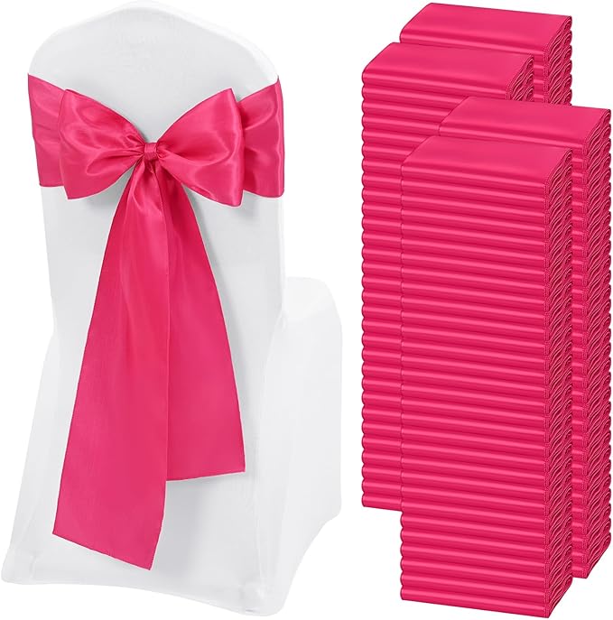 120 PCS Hot Pink Satin Chair Sashes, Ties Bows Designed Chairs Decorative, Chair Cover Sashes for Thanksgiving Wedding Christmas Banquet Party Home Kitchen Decoration (7 x 108 inch)