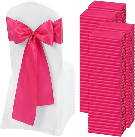 120 PCS Hot Pink Satin Chair Sashes, Ties Bows Designed Chairs Decorative, Chair Cover Sashes for Thanksgiving Wedding Christmas Banquet Party Home Kitchen Decoration (7 x 108 inch)