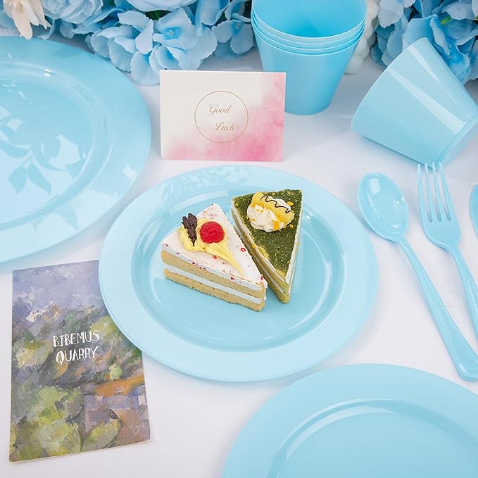 KIRE 150 Piece Blue Plastic Plates Disposable - Blue Dinnerware Set Includes 25 Dinner Plates, 25 Salad Plates, 25 Utensils Set 25 Clear Cups for Birthday/Picnic/Baby Shower/Easter/Spring