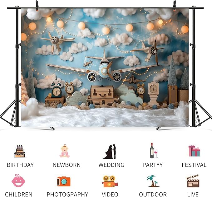 9x6ft Vintage Airplane Photography Backdrop Blue Sky White Clouds Retro Aircraft Theme Background for Newborn Baby Shower Banner Boys Birthday Party Photoshoot Studio Photo Booth Props