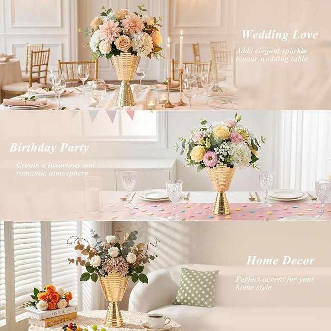10 Pcs Gold Vases for Centerpieces, 9in Tall Metal Planter Vase for Artificial Flowers – Elegant Pedestal Vase for Wedding Table Decor, Home, Party & Anniversary