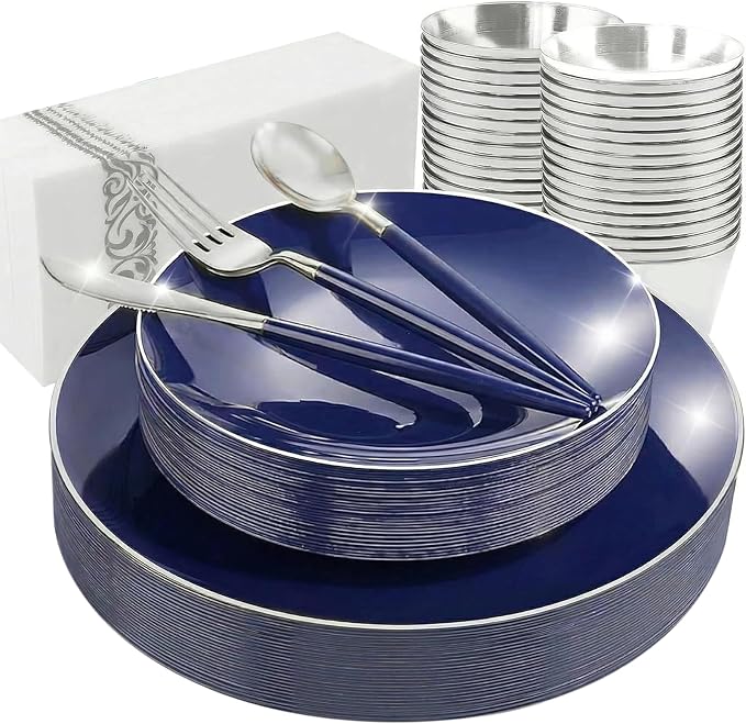 KIRE 175Pcs Blue Plastic Plates with Silver Rim & Disposable Silverware with Blue Handle & Silver-rim Cups & Hand Napkin & Plastic Dinnerware for Parties/Wedding/4th of July