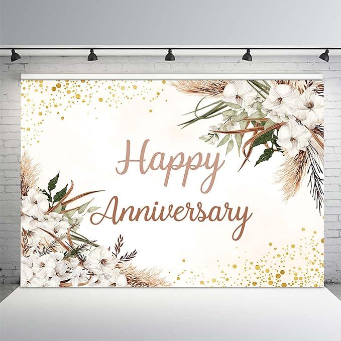 MEHOFOND Boho Happy Anniversary Backdrop White Floral Bohemia Pampas Grass Wedding Anniversary Party Decorations Memorial Portrait Photo Booth Background 7x5ft