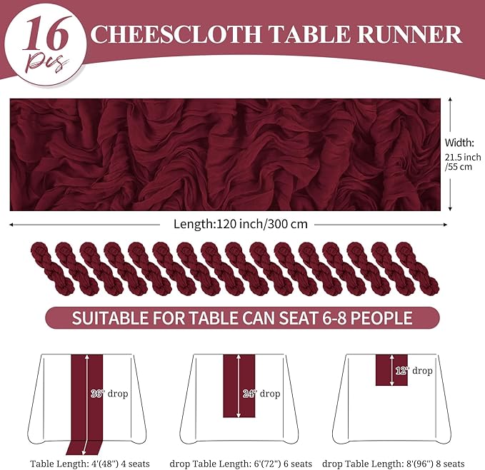 16 Pack 10Ft Cheesecloth Table Runner Burgundy, 20 x 120 Inch Rustic Gauze Boho Cheese Cloth Table Runners Wedding Long Table Runner for Wedding Party Bridal Shower Table Decoration