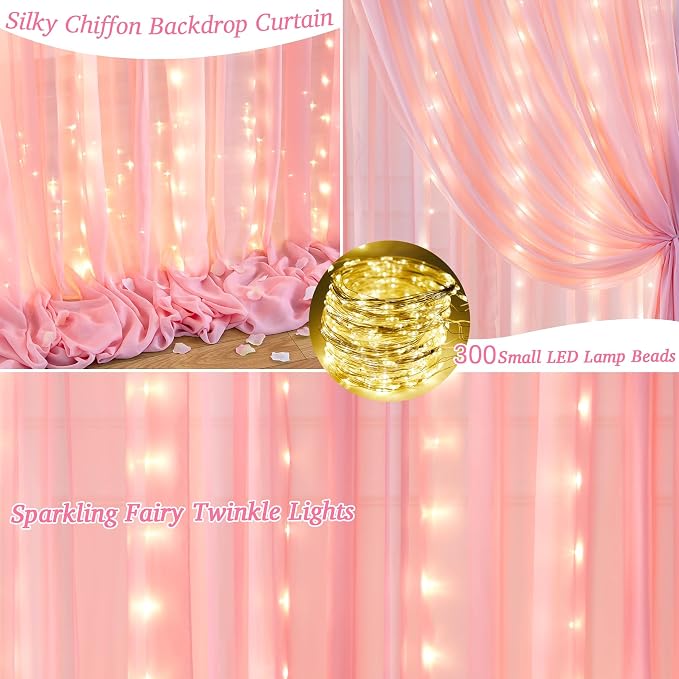 20ft x 10ft Baby Pink Chiffon Backdrop Curtain with Lights String for Parties,4 Panels Sheer Tulle Curtain Wedding Backdrop for Baby Shower Birthday Party Ceremony Reception Home Decorations