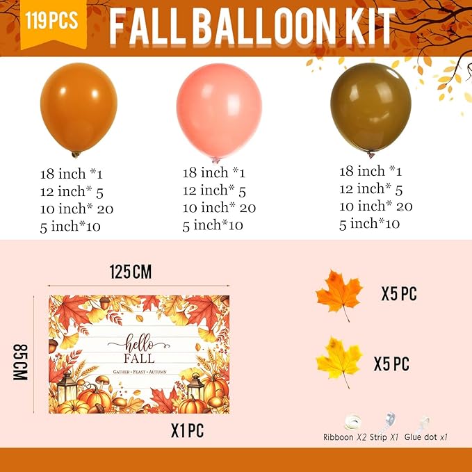 fall thanksgiving Burnt orange Balloon Garland Arch Kit Orange Cream Peach brown balloon with artificial maple leaf Autumnbackdrop for Boho Baby Shower Little Pumpkin friendsgiving Decorations