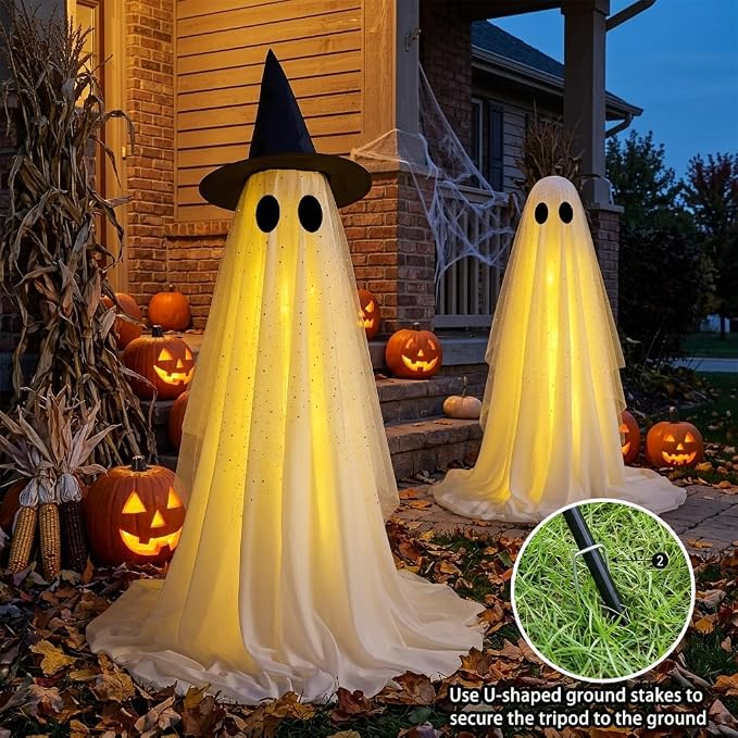 Halloween Decorations Outdoor, Spooky Ghost Halloween Decor with Witch Hat | Set of 2, Adjustable Height,Remote Control & Timer,Unique Ghost & Witch Fusion Design, Sparkling Sheer Tulle and White Fabric