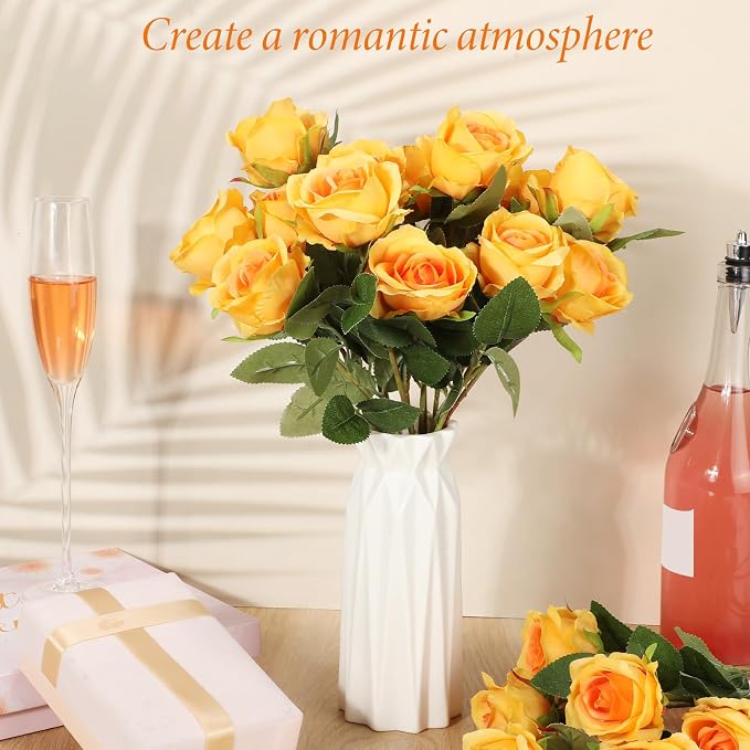 Hotop 20 Pcs Artificial Rose Flowers with Long Stem, Real Lifelike Silk Realistic Plastic Bouquet Roses Bulk for Home Decor Bridal Wedding Party Table Centerpieces Decorations(Orange)
