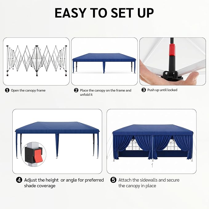 KIGOTY 10x20 FT Portable Pop Up Canopy Tent, Adjustable Height Instant Gazebo with Sidewalls, Sandbags, Waterproof Outdoor Canopy for Camping, Parties, Vendor Events (Blue, 3m × 6m with sidewalls)