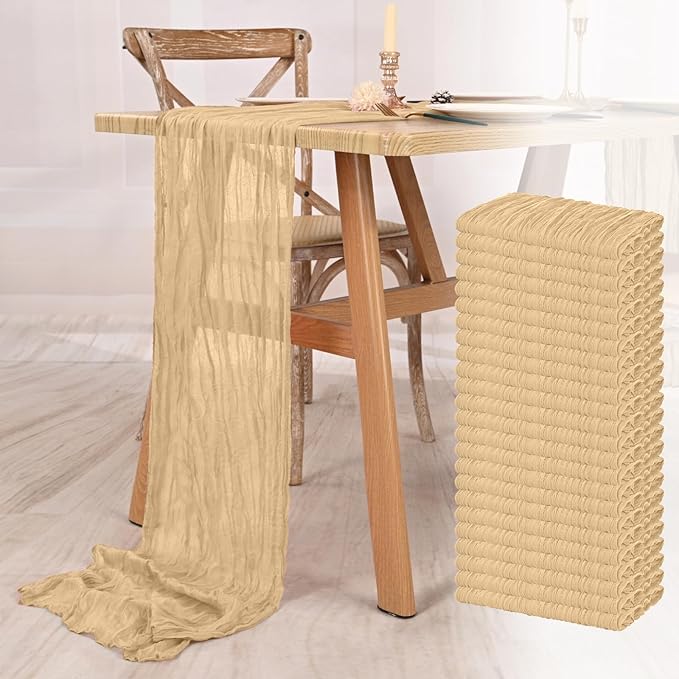 24 Pack Beige Cheesecloth Table Runner 10FT Boho Gauze Cheese Cloth Table Runner Rustic Sheer Fabric Table Runners for Wedding Bridal Shower Baby Shower Party(21.5×120 Inch)