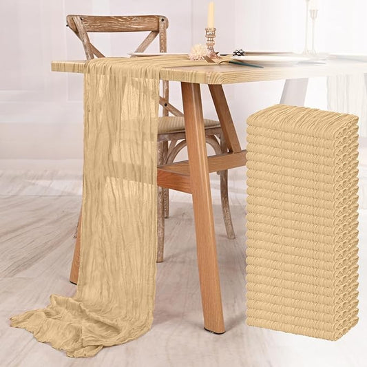24 Pack Beige Cheesecloth Table Runner 10FT Boho Gauze Cheese Cloth Table Runner Rustic Sheer Fabric Table Runners for Wedding Bridal Shower Baby Shower Party(21.5×120 Inch)