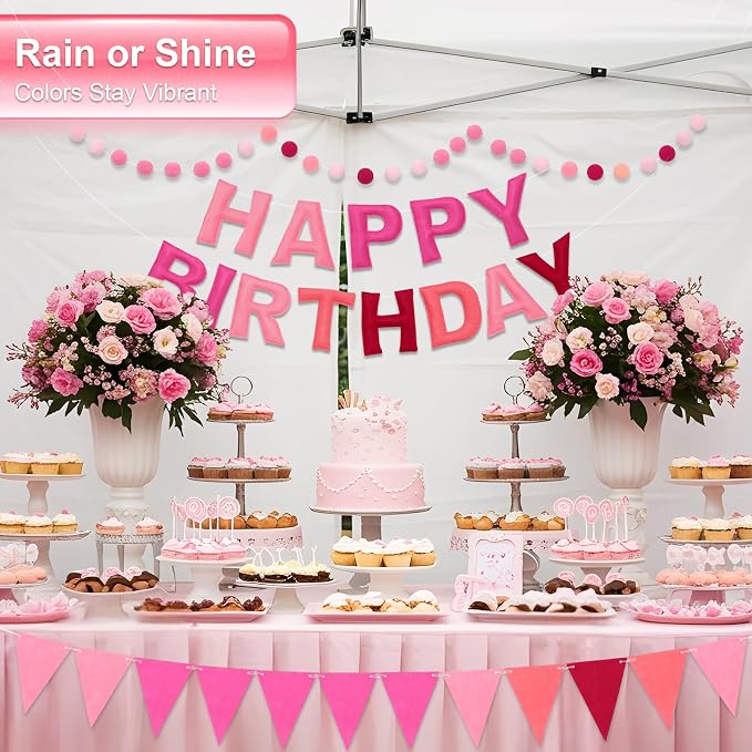 Pre-Strung Happy Birthday Banner & Felt Garland Set - Ombre Pink Birthday Decorations for Women Girls | Reusable Party Supplies for Indoor & Outdoor