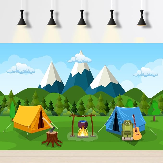 Cartoon Camping Photography Background Forest Mountain Scenery Camping Adventure Backdrop Outdoor Campfire Camper Tent Backdrop Hiking Climbing Sign Guitar Backpacks Background Props 15x8ft