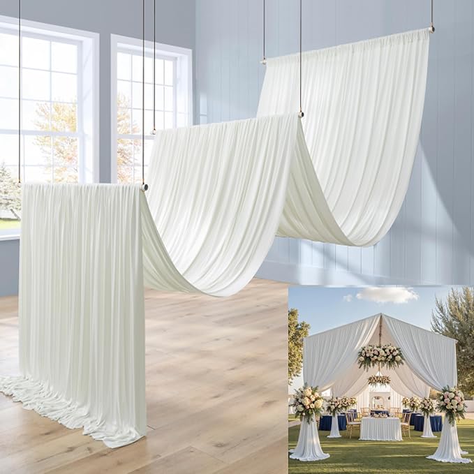 10 Panels 5x20ft Ivory Ceiling Drapes for Wedding Parties, Wrinkle Free Thick Polyester 20ft Extra Long Wedding Draping Ivory Ceiling Curtains Arch Drapery for Birthday Party Canopy Tent Decor