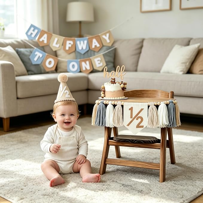 1/2 Birthday Boy Decorations-Half Way to One 6 Months Birthday Set with High Chair Banner Cake Topper & Hat for Baby Boy Party Supplies