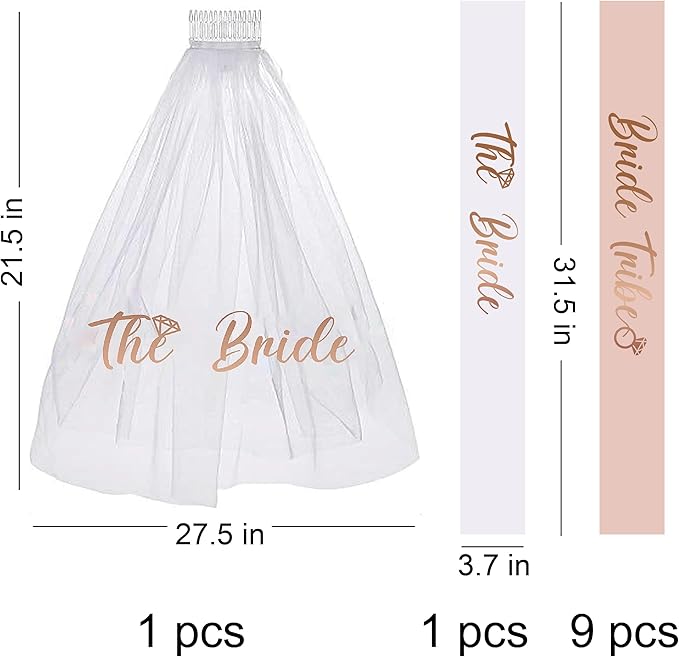 PartyGifts&beyond Bachelorette Party Favors Bride To Be Sash and Veil Set Bachelorette Sashes Bridal Shower Gifts Bride Tribe Sash (11 Sets)